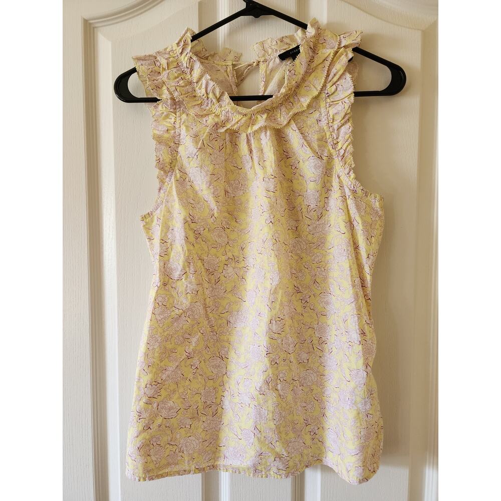 J.Crew Sleeveless Blouse XS Ruffle Trim Yellow White Pink Floral 100% Cotton